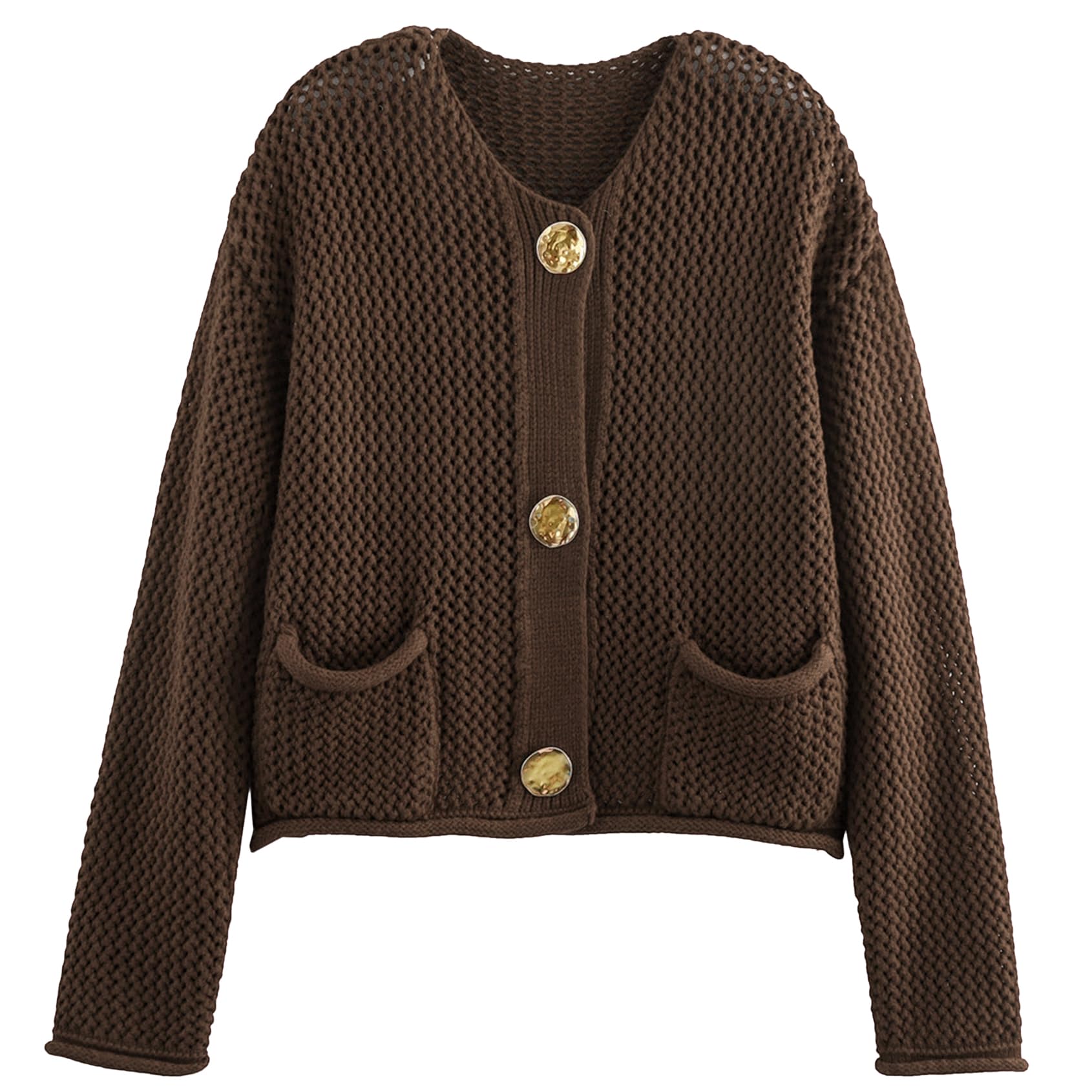 Yimoon Womens Cropped Cardigan Sweaters Gold Button Down Chunky Knit Sweaters Long Sleeve Open Front Fall Crochet Cardigan(Brown-M)