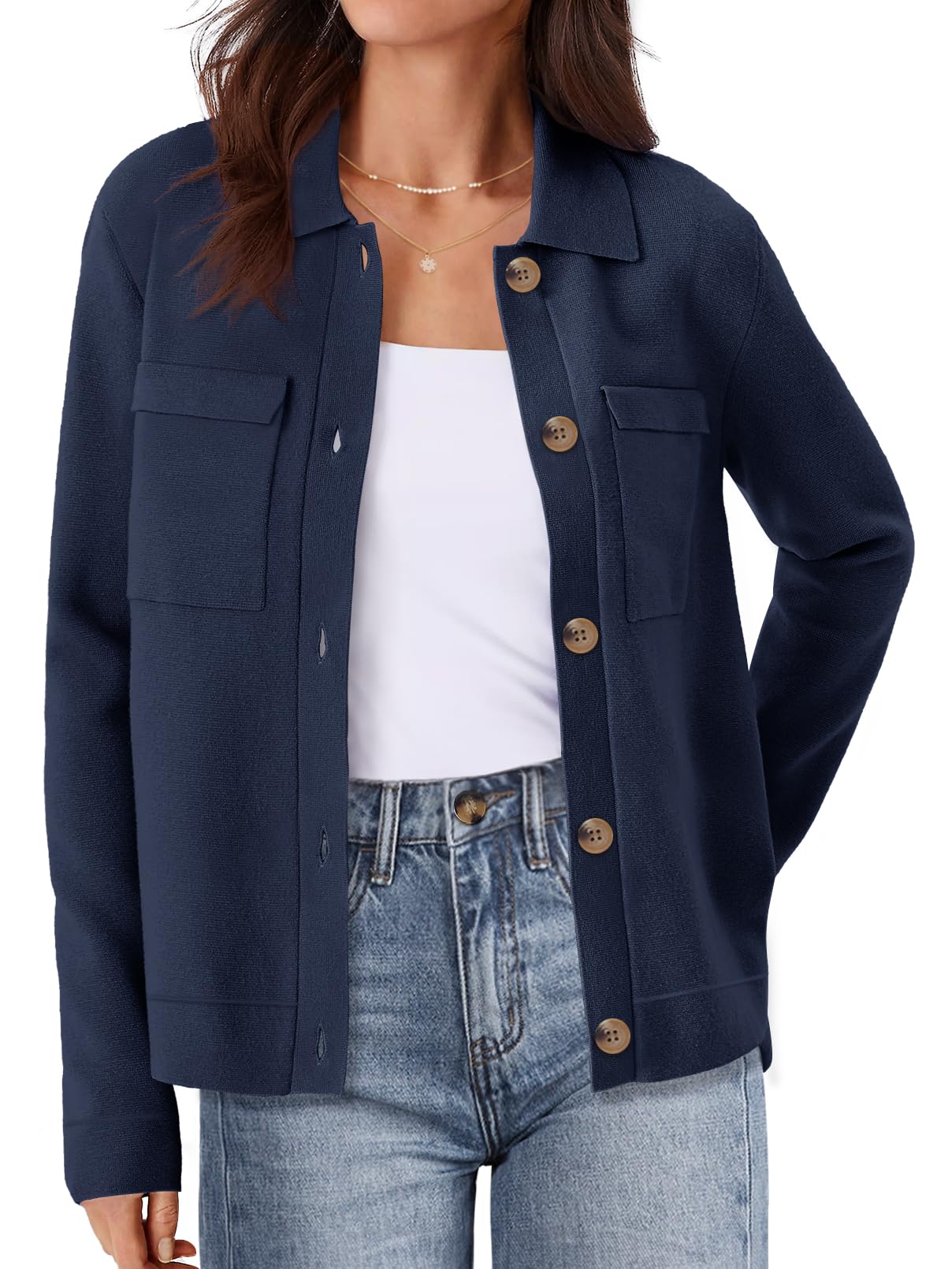 MEROKEETY Womens Long Sleeve Cardigan Sweaters Open Front Button Knit Shacket Jacket with Pockets NavyBlue Large