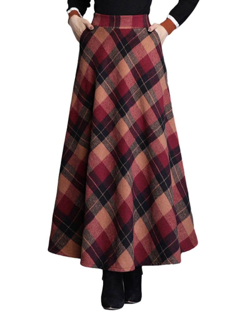 Womens Plaid Skirt Warm Elastic Waist Wool A-Line Pleated Tartan Winter Long Skirts(Red XS)