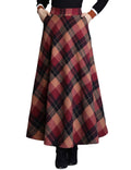 Womens Plaid Skirt Warm Elastic Waist Wool A-Line Pleated Tartan Winter Long Skirts(Red XS)