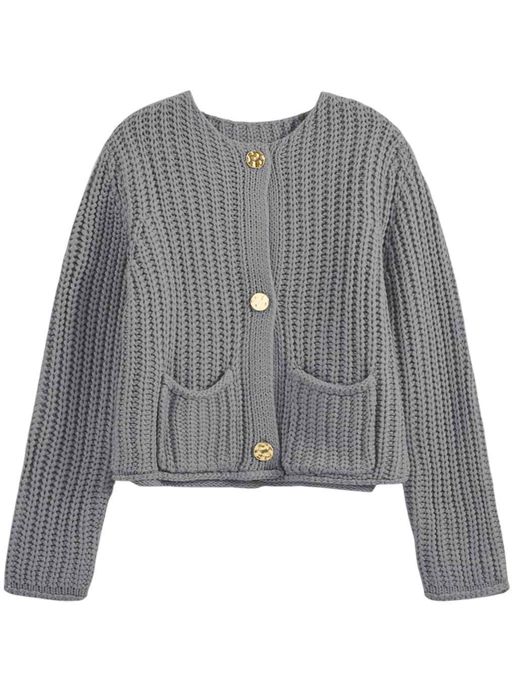 Saodimallsu Womens Button Up Sweaters Fall Chunky Knit Cropped Trendy Crewneck Loose Cardigan with Pockets Grey