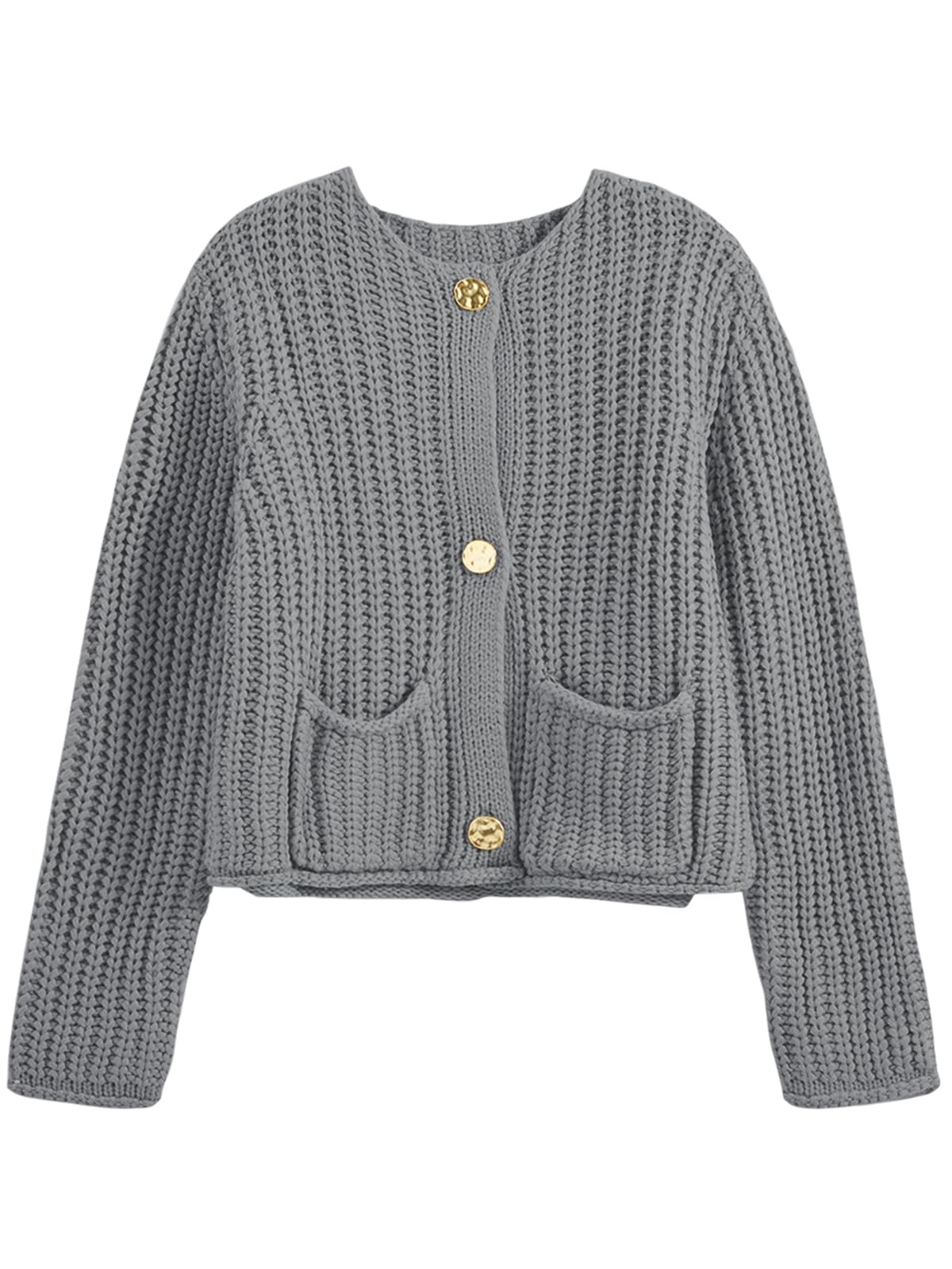 Saodimallsu Womens Button Up Sweaters Fall Chunky Knit Cropped Trendy Crewneck Loose Cardigan with Pockets Grey
