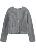 Saodimallsu Womens Button Up Sweaters Fall Chunky Knit Cropped Trendy Crewneck Loose Cardigan with Pockets Grey