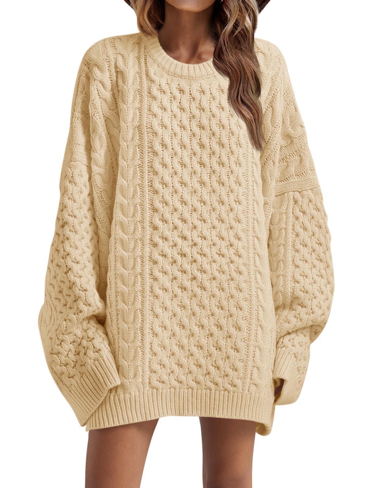 Saodimallsu Womens Oversized Sweaters Chunky Cable Knit Crewneck Long Sleeve Loose Tunic Sweater Tops Apricot