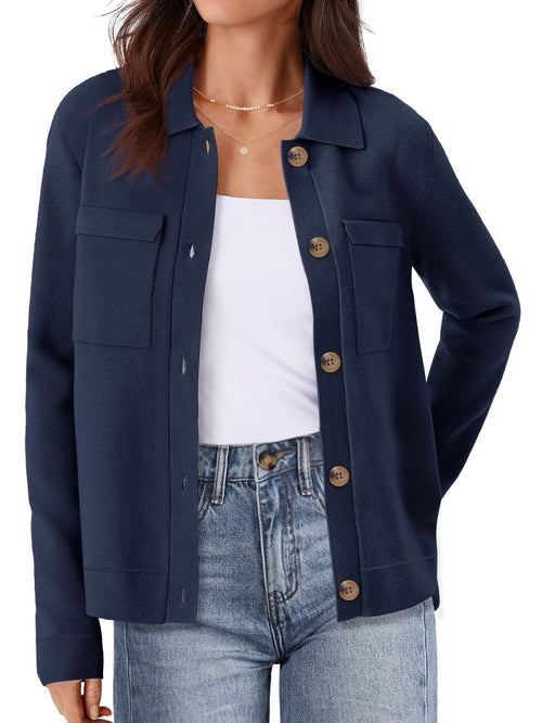 MEROKEETY Womens Long Sleeve Cardigan Sweaters Open Front Button Knit Shacket Jacket with Pockets NavyBlue Large